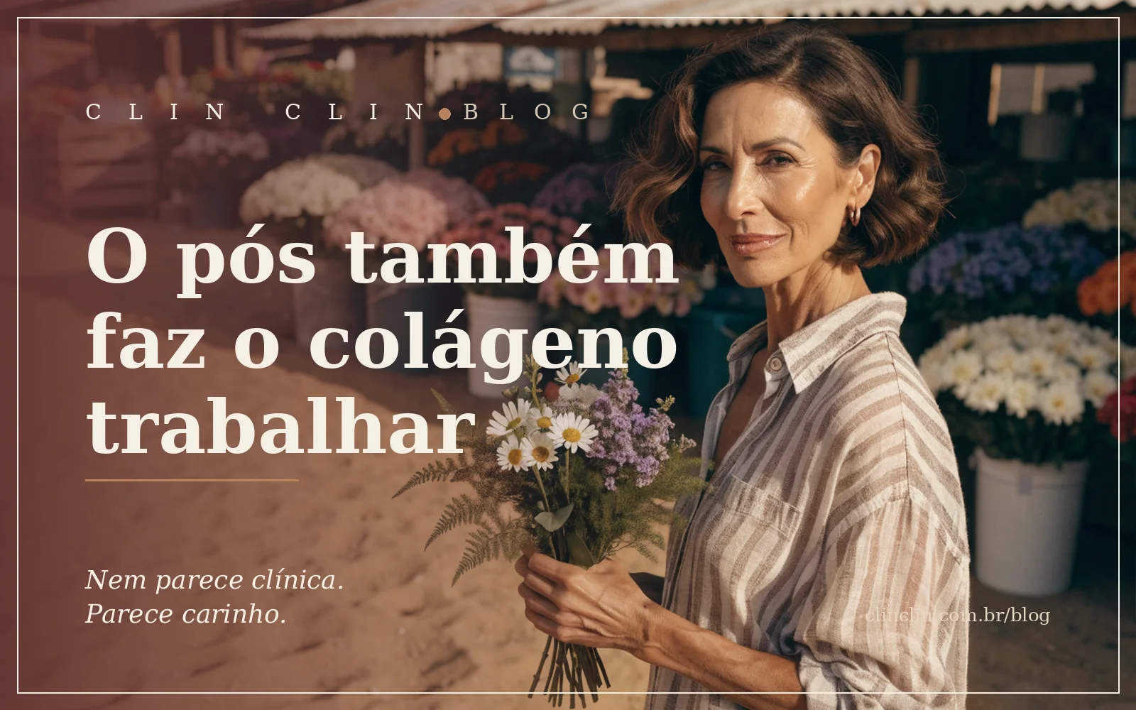 Mulher de uns cinquenta anos, pele morena clara e cabelo chanel castanho ondulado, segurando um buquê de margaridas numa feira de flores ao ar livre, com um leve sorriso, na luz dourada do fim de tarde.