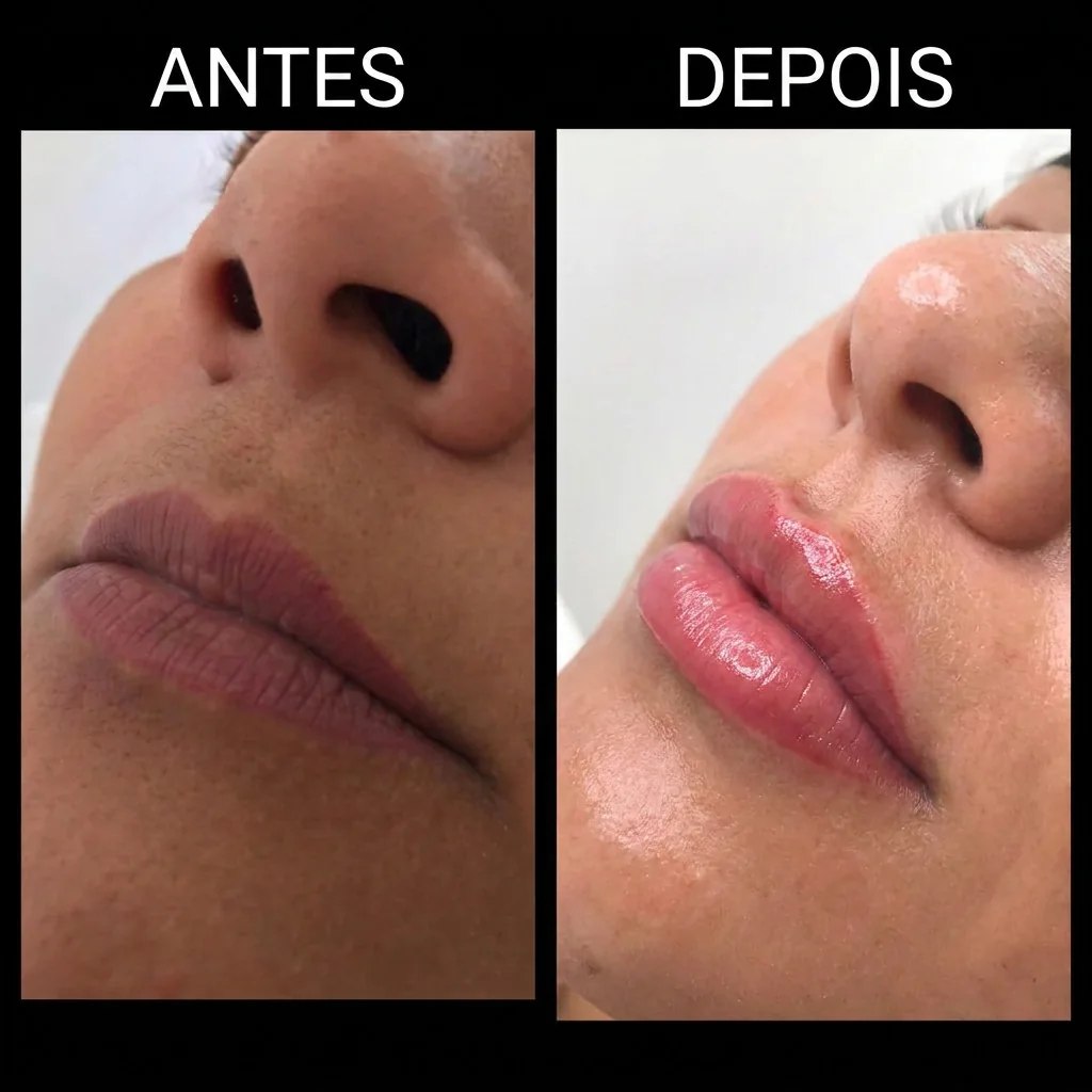 Antes e depois de preenchimento labial: boca com volume harmônico e proporção natural, paciente da Clin Clin em Belo Horizonte