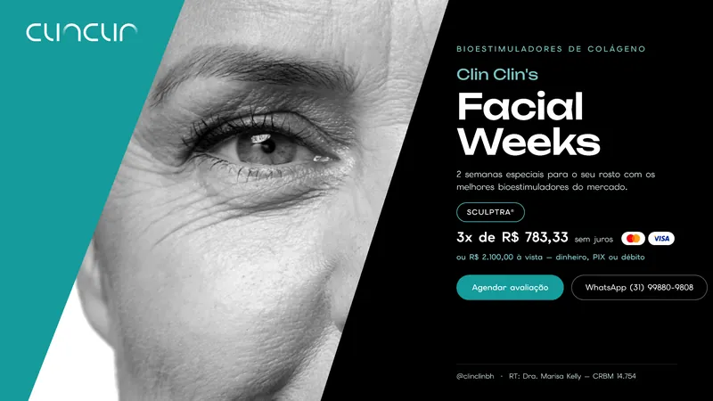 Clin Clin's Facial Weeks: bioestimuladores de colágeno (Sculptra) em 3x de R$ 783,33 sem juros ou R$ 2.100 à vista. Agende sua avaliação.