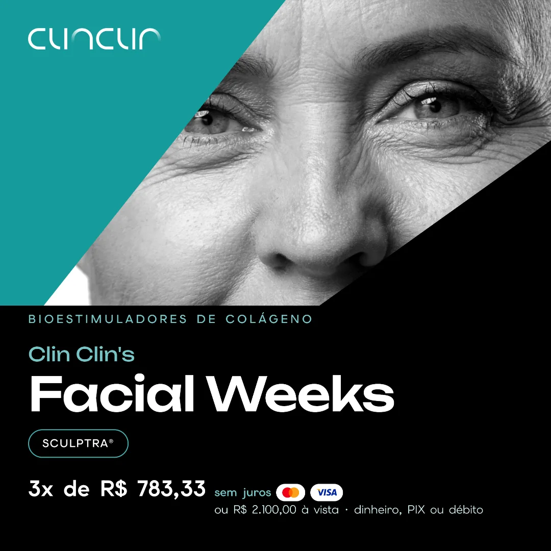 Clin Clin's Facial Weeks: bioestimuladores de colágeno (Sculptra) em 3x de R$ 783,33 sem juros ou R$ 2.100 à vista. Agende sua avaliação.